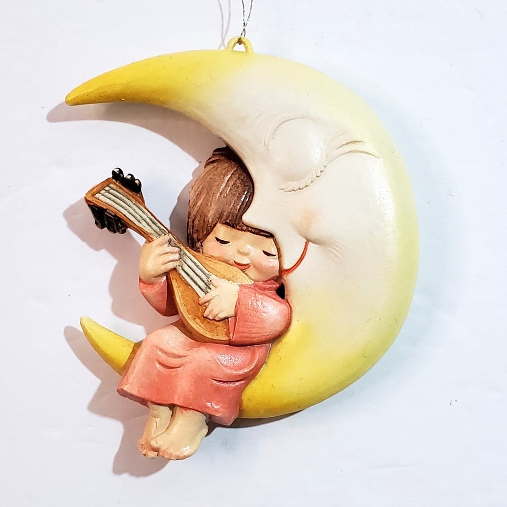 Vtg Anri Juan Ferrandiz Italy Girl Playing Mandolin on Moon Christmas Ornament